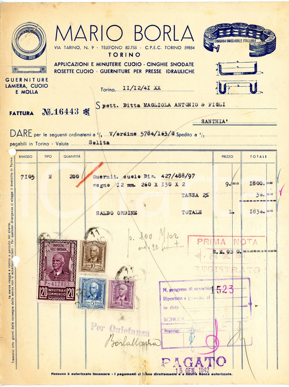 1941 TORINO - Mario BORLA via Tarino 9 - Cuoio, cinghia snodabile (8) *Fattura Fattura commerciale d'epoca, dattiloscritta, su carta intestata illustrata.CONDIZIONI: P (piegature d'epoca, fori da classificatore al lato sinistro, piccoli fori con tracce di ruggine all'angolo superiore sinistro, lievi macchie d'umidit&agrave; al lato inferiore).PAGINE: 1    originale e autentica 1