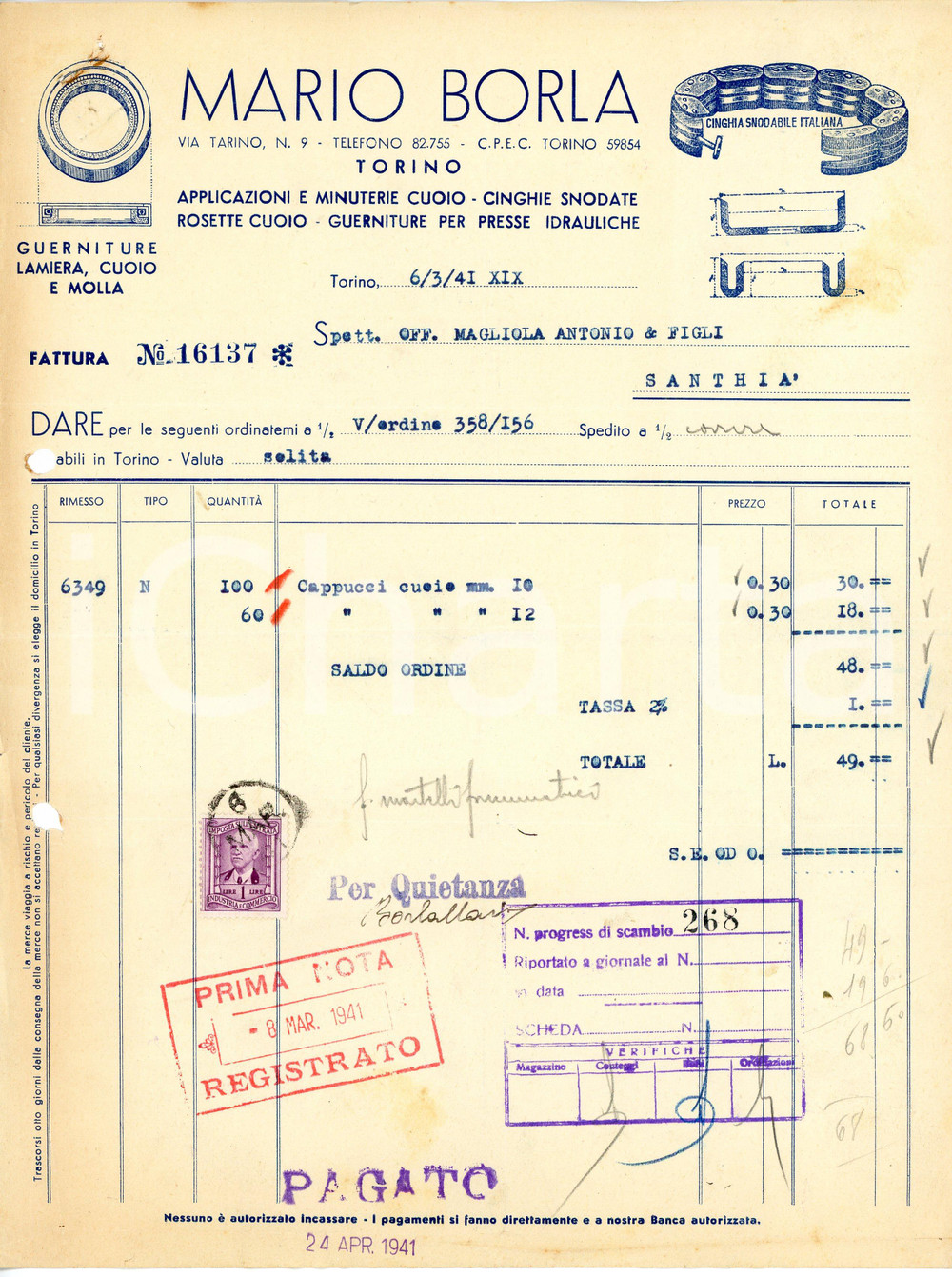 1941 TORINO - Mario BORLA via Tarino 9 - Cuoio, cinghia snodabile (9) *Fattura Fattura commerciale d'epoca, dattiloscritta, su carta intestata illustrata.CONDIZIONI: P (piegature d'epoca, fori da classificatore al lato sinistro, piccoli fori con tracce di ruggine all'angolo superiore sinistro, piccoli strappi ai lati inferiore e sinistro).PAGINE: 1    originale e autentica 1