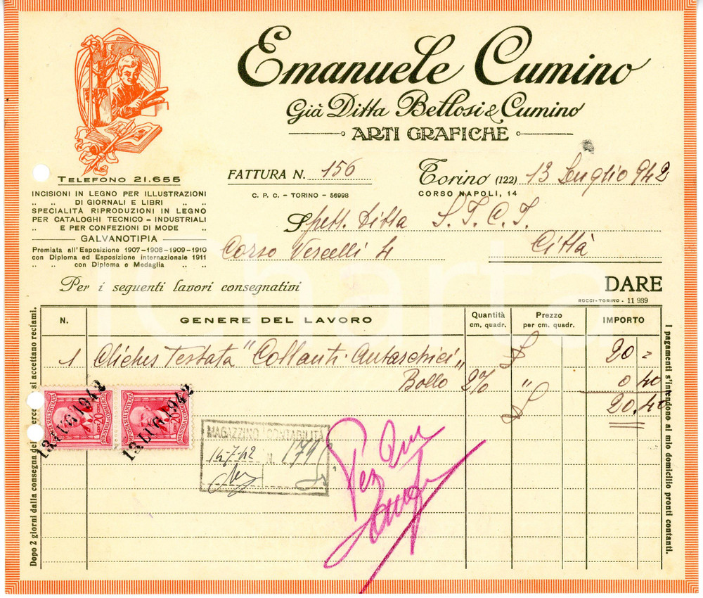 1942 TORINO - Emanuele CUMINO corso Napoli 14 - Arti grafiche (1) - Fattura Fattura commerciale d'epoca, manoscritta, su carta intestata illustrata.CONDIZIONI: F (piegature d'epoca, fori da classificatore al lato sinistro, piccoli fori all'angolo superiore sinistro).PAGINE: 1    originale e autentica 1