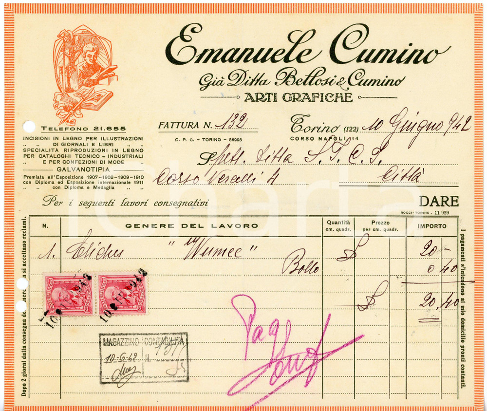 1942 TORINO - Emanuele CUMINO corso Napoli 14 - Arti grafiche (2) - Fattura Fattura commerciale d'epoca, manoscritta, su carta intestata illustrata.CONDIZIONI: F (piegature d'epoca, fori da classificatore al lato sinistro, piccoli strappi al lato superiore).PAGINE: 1    originale e autentica 1
