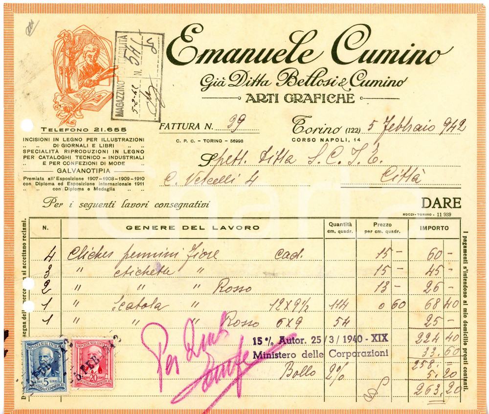 1942 TORINO - Emanuele CUMINO corso Napoli 14 - Arti grafiche (4) - Fattura Fattura commerciale d'epoca, manoscritta, su carta intestata illustrata.CONDIZIONI: P (piegature d'epoca, fori da classificatore al lato sinistro, piccoli strappi ai lati).PAGINE: 1    originale e autentica 1