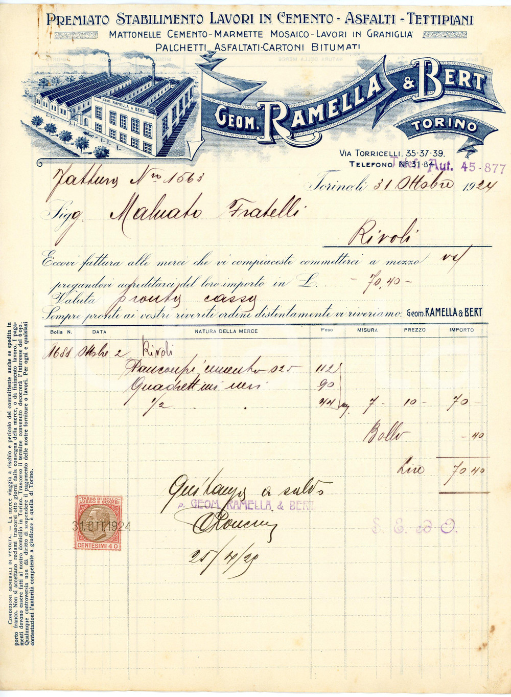 1924 TORINO - RAMELLA & BERT via Torricelli 35-39 - Lavori in cemento *Fattura Fattura commerciale d'epoca, a stampa con inserti manoscritti, su carta intestata illustrata.CONDIZIONI: P (piegature d'epoca, piccoli fori e segni di ruggine all'angolo superiore sinistro)PAGINE: 1    originale e autentica 1