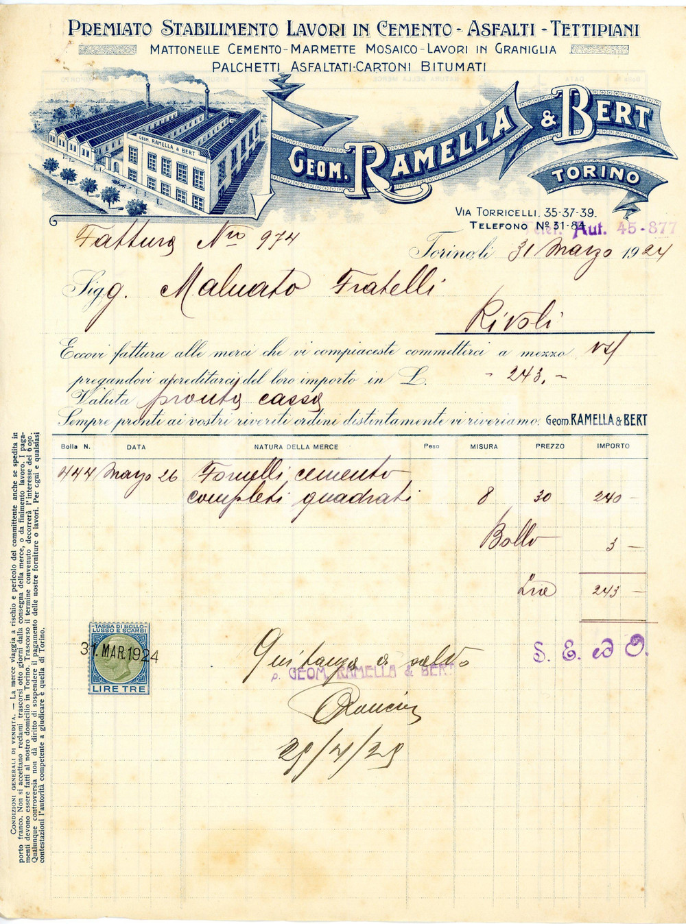 1924 TORINO - RAMELLA & BERT via Torricelli 35-39 - Asfalti e cemento *Fattura Fattura commerciale d'epoca, a stampa con inserti manoscritti, su carta intestata illustrata.CONDIZIONI: P (piegature d'epoca, lieve ingiallimento, piccoli fori all'angolo superiore sinistro)PAGINE: 1    originale e autentica 1