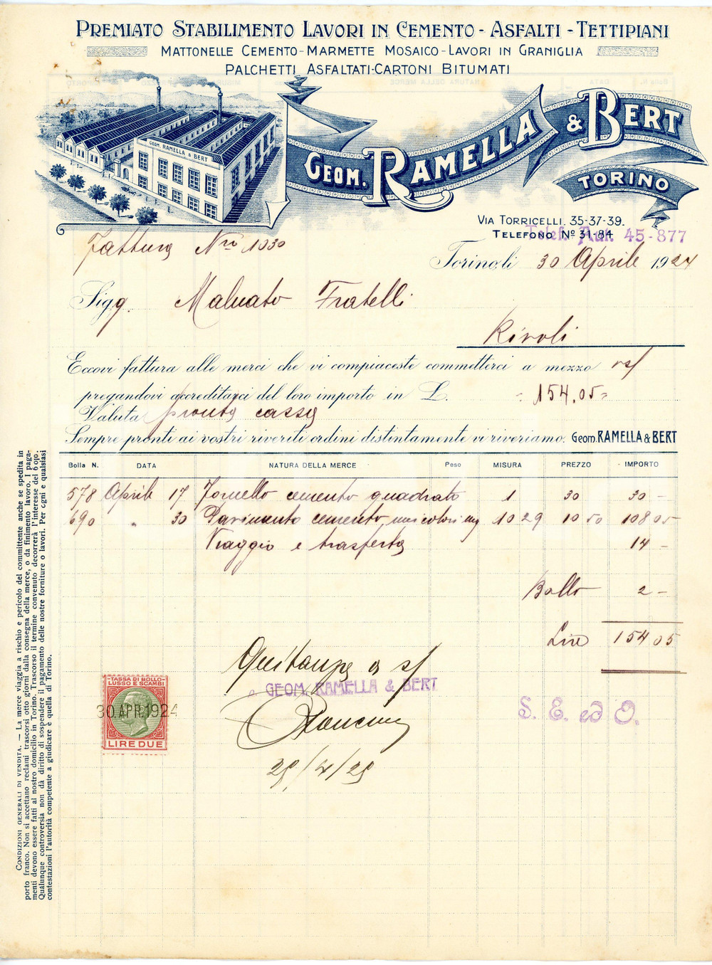 1924 TORINO - RAMELLA & BERT via Torricelli 35-39 - Lavori in graniglia *Fattura Fattura commerciale d'epoca, a stampa con inserti manoscritti, su carta intestata illustrata.CONDIZIONI: F (piegature d'epoca, piccoli fori all'angolo superiore sinistro)PAGINE: 1    originale e autentica 1