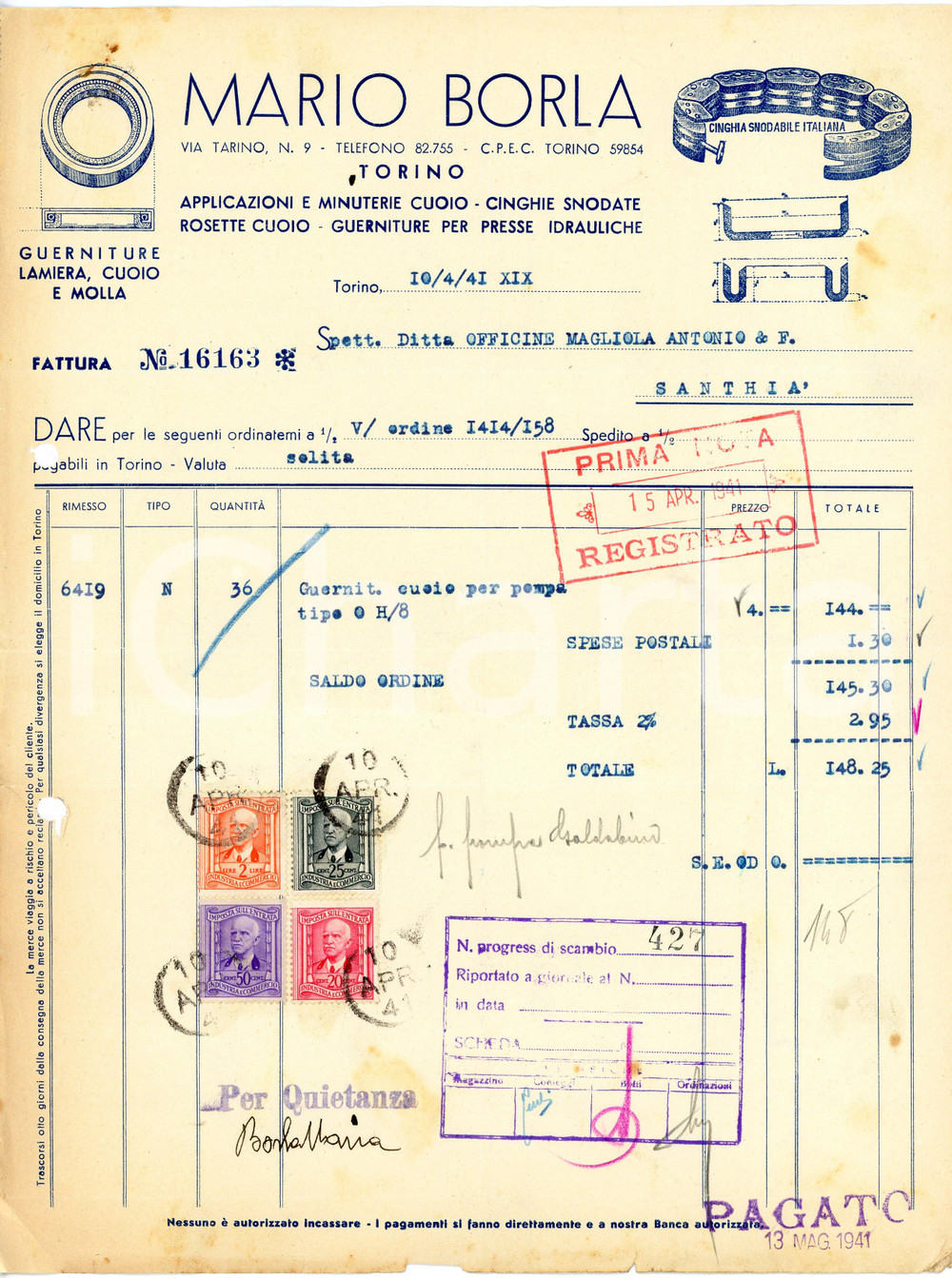 1941 TORINO - Mario BORLA via Tarino 9 - Cuoio, cinghia snodabile (1) *Fattura Fattura commerciale d'epoca, dattiloscritta, su carta intestata illustrata.CONDIZIONI: VP (piegature d'epoca, fori da classificatore al lato sinistro, piccoli fori con tracce di ruggine all'angolo superiore sinistro e piccoli strappi al lato inferiore)PAGINE: 1    originale e autentica 1