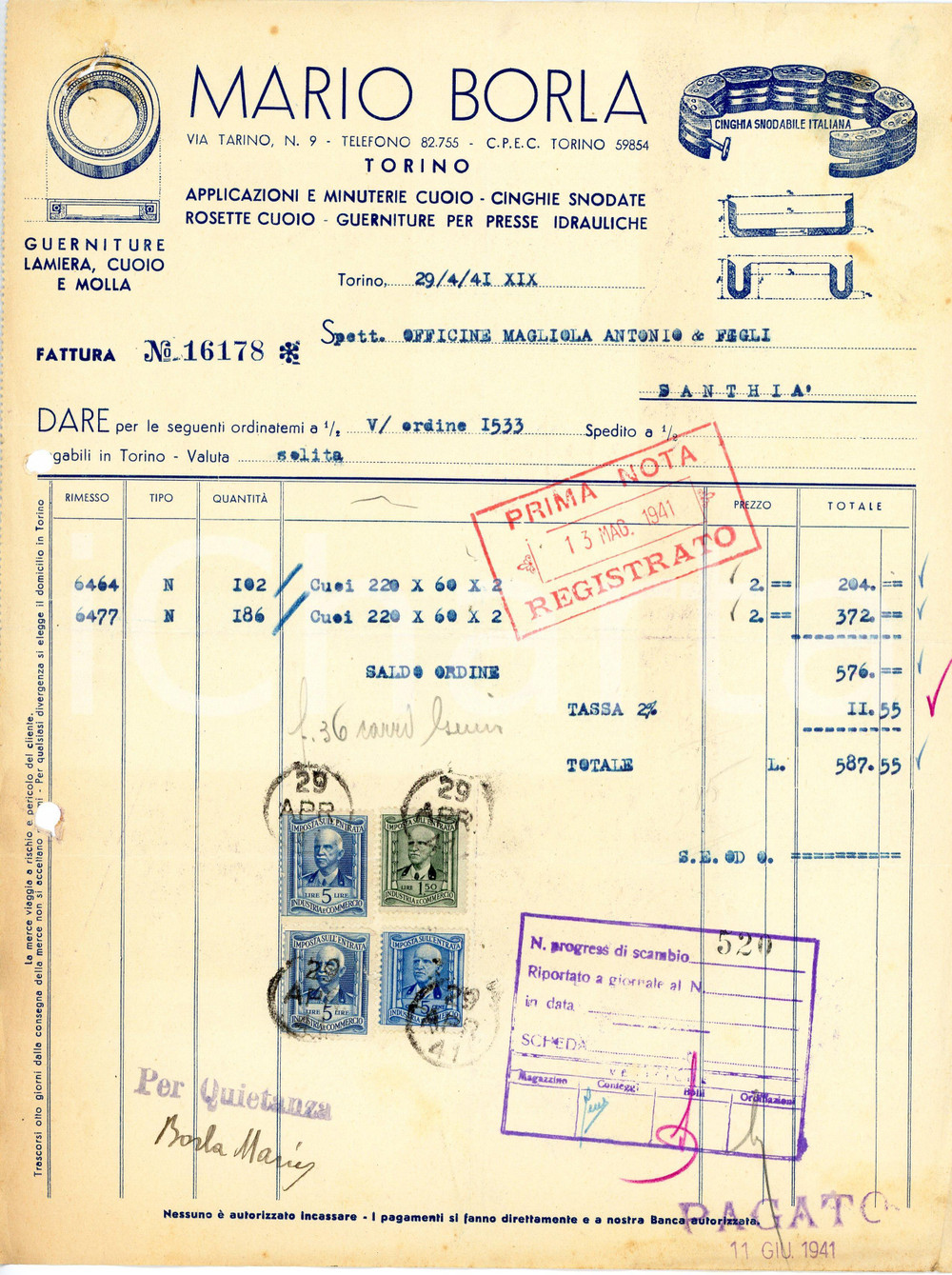 1941 TORINO - Mario BORLA via Tarino 9 - Cuoio, cinghia snodabile (2) *Fattura Fattura commerciale d'epoca, dattiloscritta, su carta intestata illustrata.CONDIZIONI: P (piegature d'epoca, fori da classificatore al lato sinistro, piccoli fori con tracce di ruggine all'angolo superiore sinistro e lievi macchie al lato destro)PAGINE: 1    originale e autentica 1