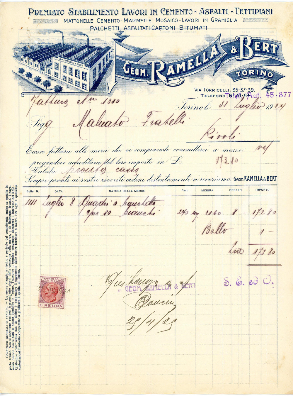 1924 TORINO - RAMELLA & BERT via Torricelli 35-39 - Mattonelle cemento *Fattura Fattura commerciale d'epoca, a stampa con inserti manoscritti, su carta intestata illustrata.CONDIZIONI: F (piegature d'epoca, piccoli fori all'angolo superiore sinistro)PAGINE: 1    originale e autentica 1