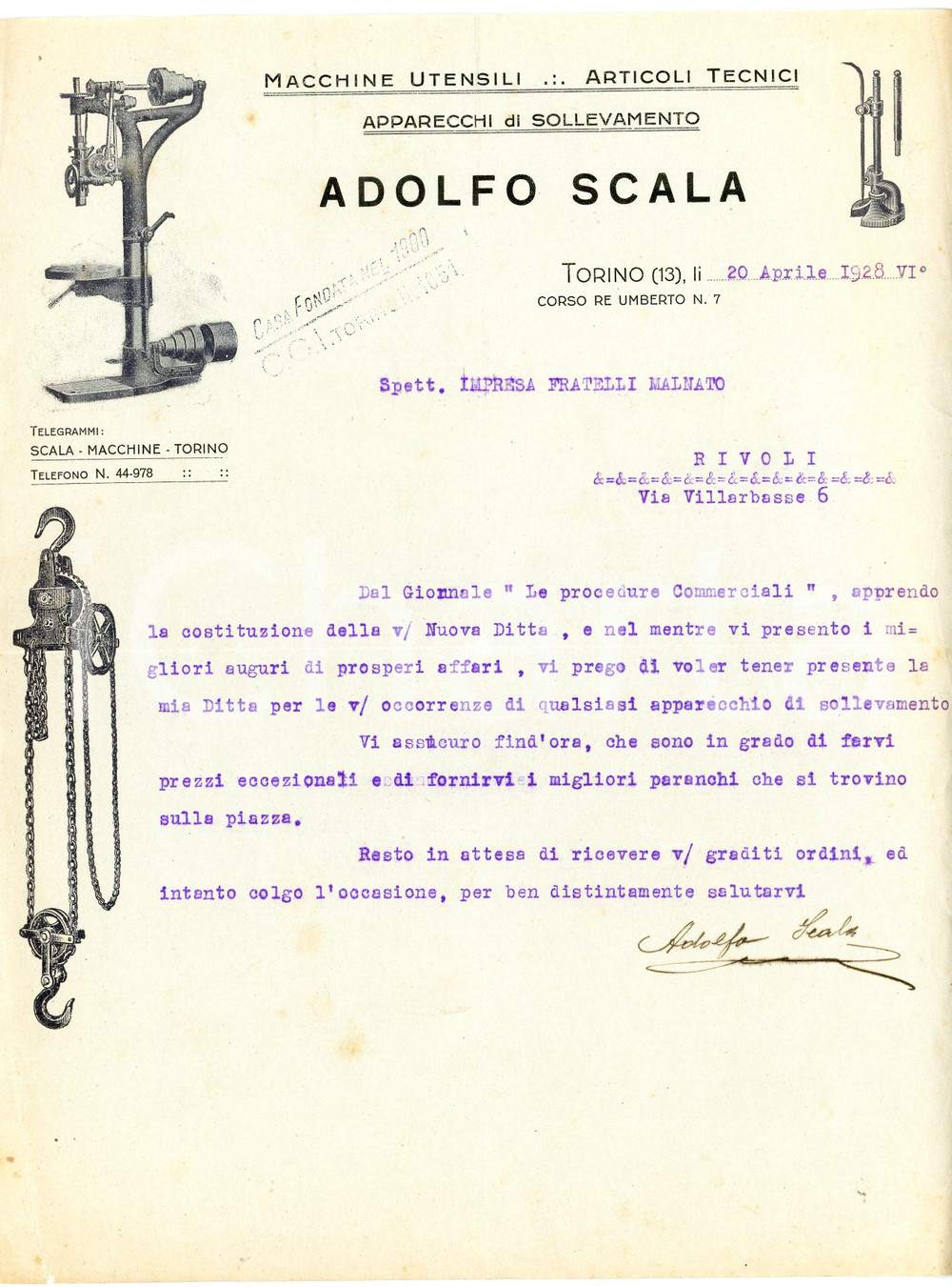 1928 TORINO - Adolfo SCALA - Apparecchi sollevamento c.so Re Umberto 7 *Lettera Lettera commerciale d'epoca, dattiloscritta, su carta intestata illustrata.CONDIZIONI: F (piegature d'epoca, piccoli strappi al lato sinistro e inferiore, lievi fioriture)PAGINE: 1    originale e autentica 1