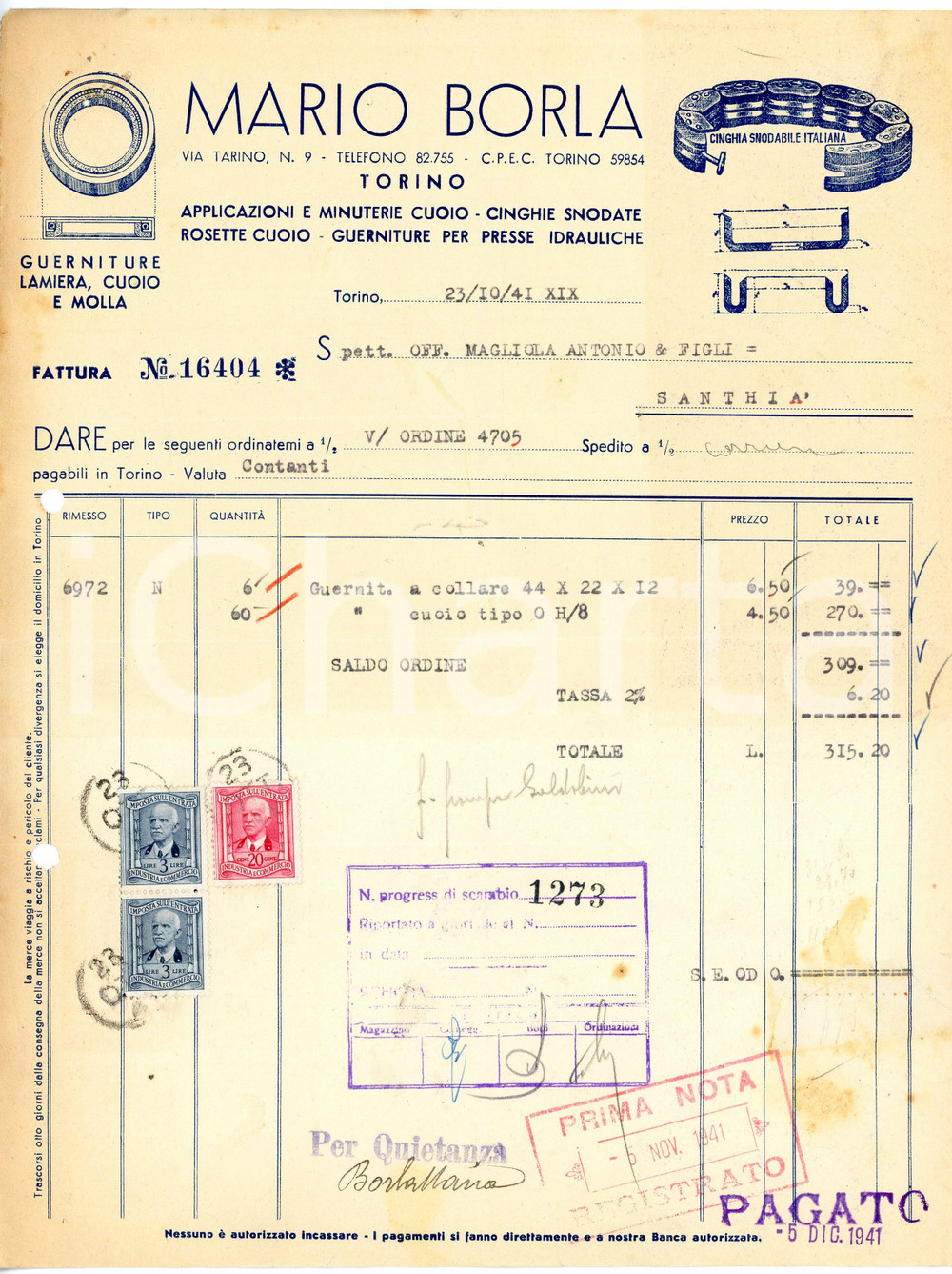 1941 TORINO - Mario BORLA via Tarino 9 - Cuoio, cinghia snodabile (4) *Fattura Fattura commerciale d'epoca, dattiloscritta, su carta intestata illustrata.CONDIZIONI: P (piegature d'epoca, fori da classificatore al lato sinistro, piccoli fori con tracce di ruggine all'angolo superiore sinistro, lievi macchie nella parte inferiore).PAGINE: 1    originale e autentica 1