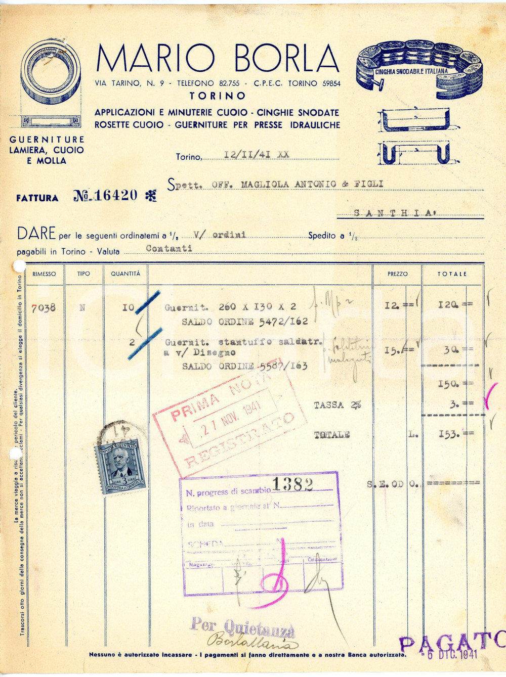 1941 TORINO - Mario BORLA via Tarino 9 - Cuoio, cinghia snodabile (5) *Fattura Fattura commerciale d'epoca, dattiloscritta, su carta intestata illustrata.CONDIZIONI: VP (piegature d'epoca, fori da classificatore al lato sinistro, piccoli fori con tracce di ruggine all'angolo superiore sinistro, piccoli strappi al lato superiore e inferiore).PAGINE: 1    originale e autentica 1