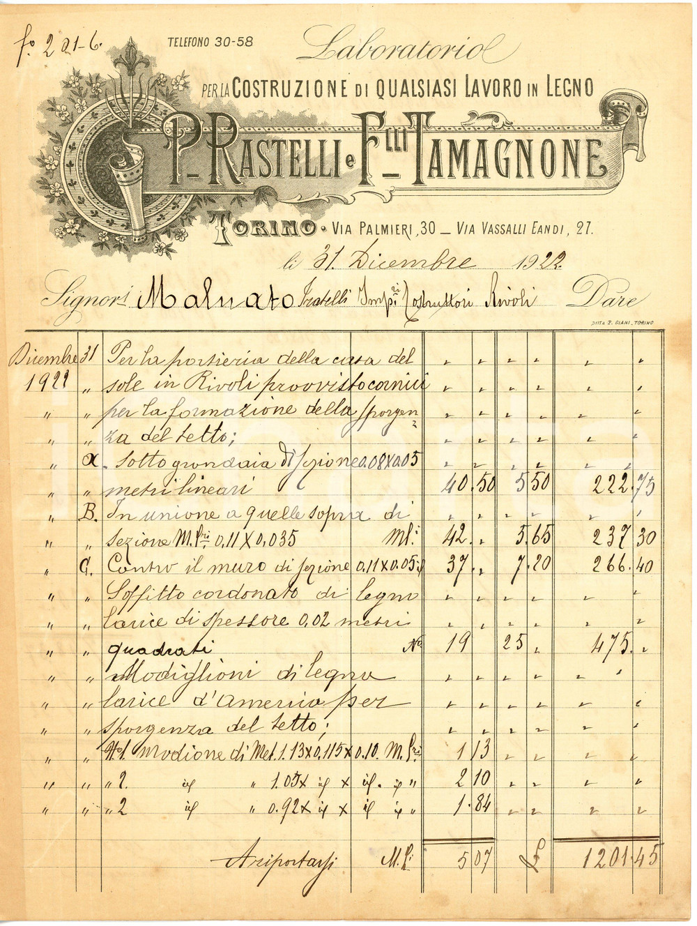 1922 TORINO - P. RASTELLI e F.lli TAMAGNONE - Costruzione lavori legno *Fattura Fattura commerciale d'epoca, manoscritta, su carta intestata illustrata.Torino - via Palmieri, 30CONDIZIONI: F (piegature d'epoca, piccolo strappo al lato superiore della seconda facciata)PAGINE: 2 (2 facciate scritte)    originale e autentica 1