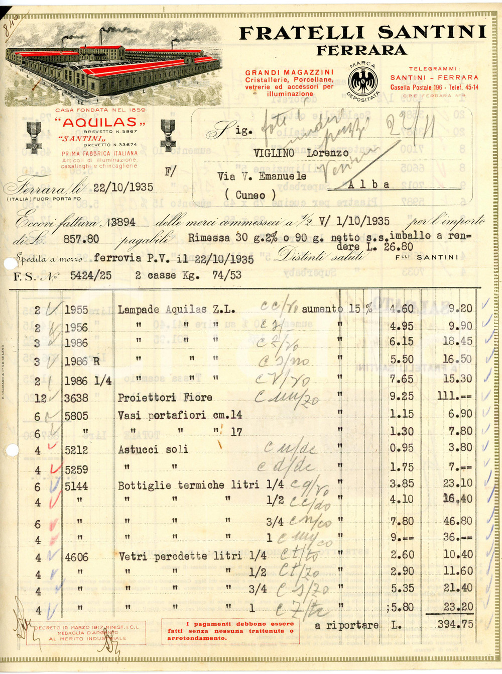 1935 FERRARA - Fratelli SANTINI - Articoli di illuminazione, vetreria - Fattura Fattura commerciale d'epoca, dattiloscritta, su carta intestata illustrata.Ferrara - Fuori Porta PoPresenza marche da bollo.CONDIZIONI: F (piegature d'epoca, fori da classificatore al lato sinistro)PAGINE: 1 (2 facciate scritte)    originale e autentica 1