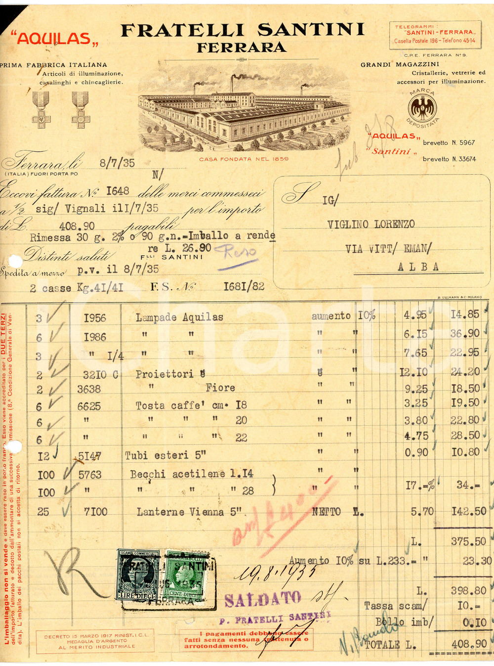 1935 FERRARA - Fratelli SANTINI - Articoli illuminazione, cristallerie *Fattura Fattura commerciale d'epoca, dattiloscritta, su carta intestata illustrata.Ferrara - Fuori Porta PoPresenza marche da bollo.CONDIZIONI: P (piegature d'epoca, fori da classificatore al lato sinistro, piccoli fori all'angolo superiore sinistro, piccoli strappi ai lati)PAGINE: 1    originale e autentica 1