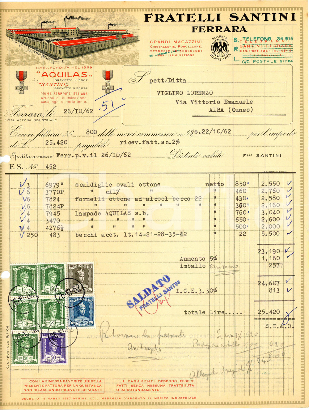 1962 FERRARA - Fratelli SANTINI - Articoli illuminazione, vetreria (1) - Fattura Fattura commerciale d'epoca, dattiloscritta, su carta intestata illustrata.CONDIZIONI: P (piegature d'epoca, fori da classificatore al lato sinistro, piccolo strappo al lato sinistro, piccoli fori all'angolo superiore sinistro)PAGINE: 1    originale e autentica 1