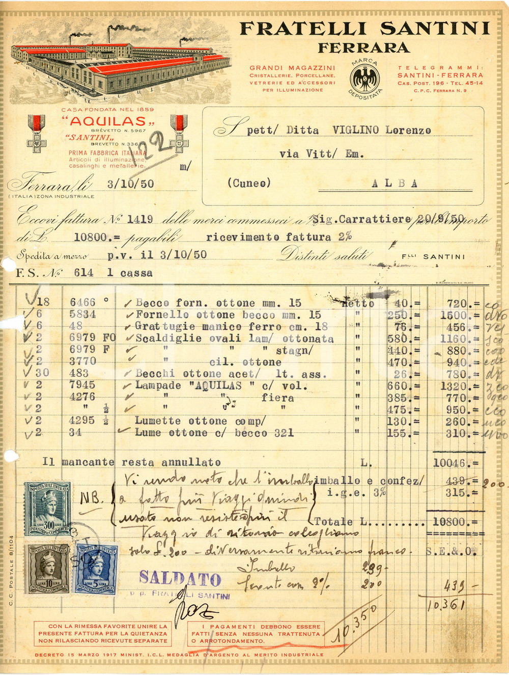 1950 FERRARA - Fratelli SANTINI - Articoli illuminazione, vetreria (4) *Fattura Fattura commerciale d'epoca, dattiloscritta, su carta intestata illustrata.CONDIZIONI: VP (piegature d'epoca, fori da classificatore al lato sinistro,mancanza al lato sinistro, piccolo strappo al lato destro, piccoli fori diffusi).PAGINE: 1    originale e autentica 1