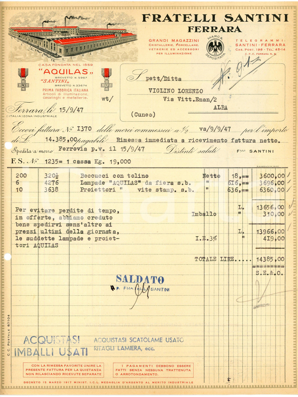 1947 FERRARA - Fratelli SANTINI - Articoli illuminazione, vetreria (5) *Fattura Fattura commerciale d'epoca, dattiloscritta, su carta intestata illustrata.Presenti marche da bollo al verso.CONDIZIONI: F (piegature d'epoca, fori da classificatore al lato sinistro)PAGINE: 1    originale e autentica 1