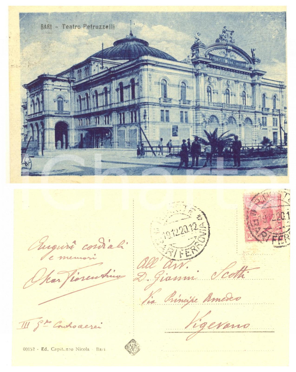 1920 BARI Oscar FIORENTINO Generale di Divisione - Cartolina AUTOGRAFA Cartolina postale d'epoca, con immagine al recto del Teatro Petruzzelli e messaggio autografo.Viaggiata.CONDIZIONI: GFORMATO: 14x9 cm    originale e autentica 1