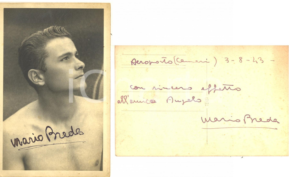 1943 Aeroporto CAMERI (NO) Mario BREDA - Foto con AUTOGRAFO Fotografia seriale, con firma autografa al recto e messaggio autografo al verso.CONDIZIONI: F (fioriture al verso)FORMATO: 9x14 cm    originale e autentica 1