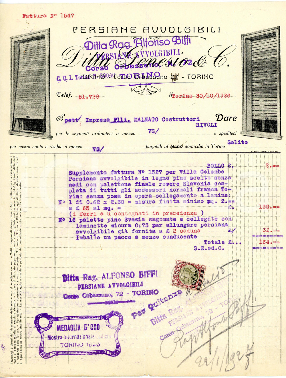 1926 TORINO - Alfonso BIFFI corso Orbassano 72 - Persiane avvolgibili - Fattura Fattura commerciale d'epoca, dattiloscritta, su carta intestata illustrata.Cassato a penna il nome del proprietario precedente: "Genesio &amp; C.".CONDIZIONI: F (piegature d'epoca, piccoli fori all'angolo superiore sinistro, piccolo strappo al lato inferiore)PAGINE: 1    originale e autentica 1