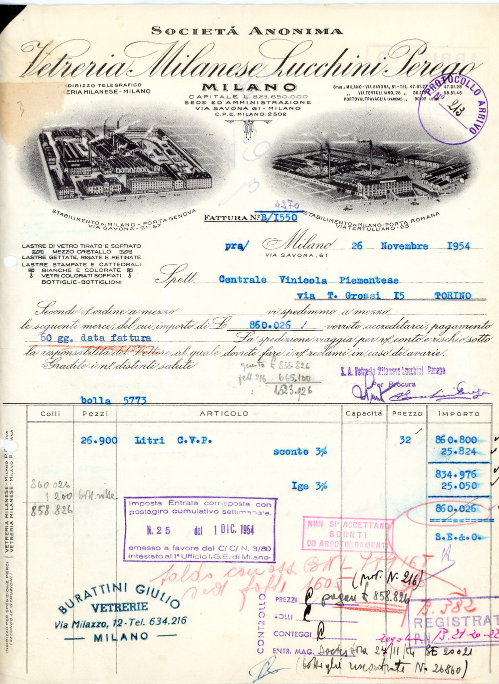1954 MILANO - Vetreria Milanese LUCCHINI PEREGO via Savona 61 *Fattura Fattura commerciale d'epoca, dattiloscritta, su carta intestata illustrata.CONDIZIONI: VP (piegature d'epoca, fori da classificatore al lato sinistro, piccoli strappi ai lati e strappo all'angolo superiore sinistro con anche traccia d'adesivo)PAGINE: 1    originale e autentica 1