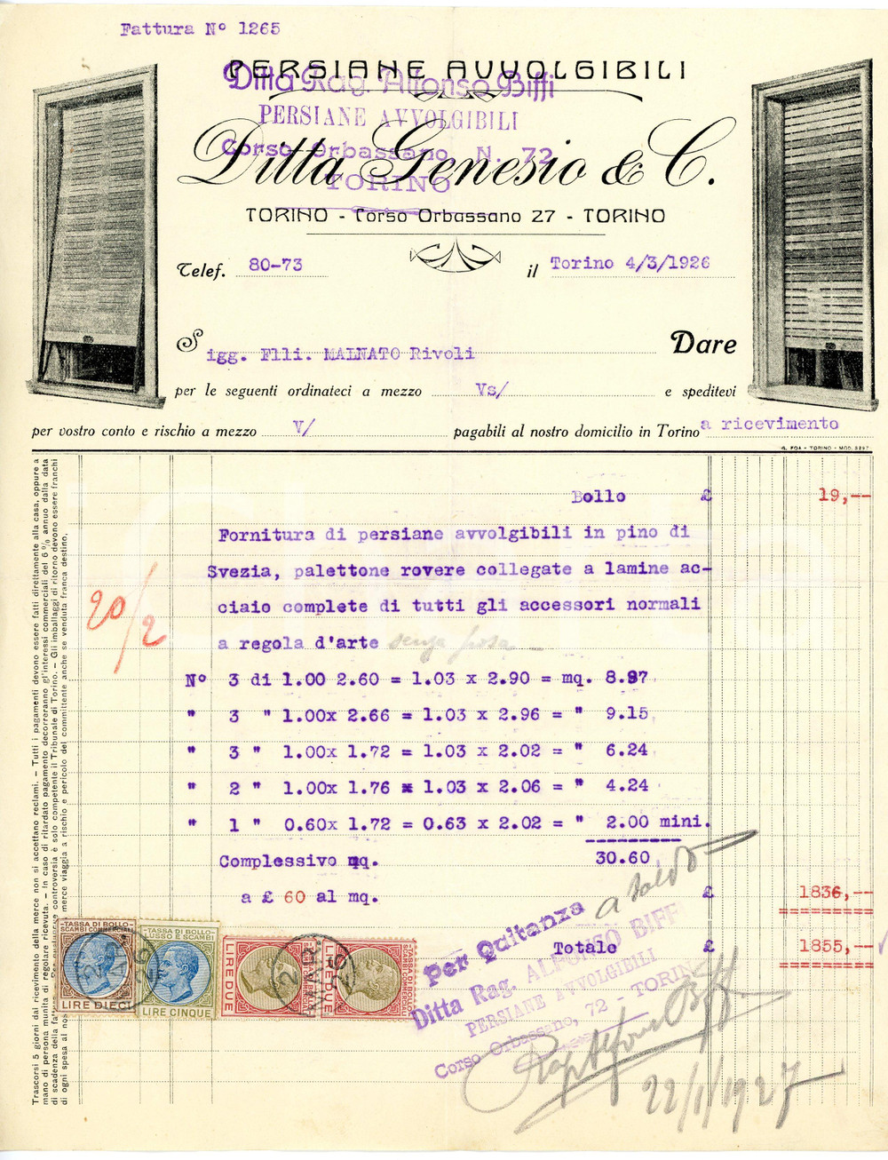 1926 TORINO - Alfonso BIFFI c.so Orbassano 72 - Persiane avvolgibili *Fattura Fattura commerciale d'epoca, dattiloscritta, su carta intestata illustrata.Cassato a penna il nome del proprietario precedente: "Genesio &amp; C.".CONDIZIONI: F (piegature d'epoca, piccoli fori all'angolo superiore sinistro).PAGINE: 1    originale e autentica 1