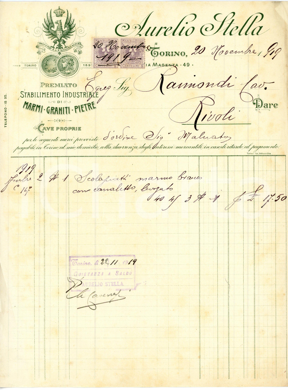 1919 TORINO - Aurelio STELLA via Magenta 49 - Marmi e graniti *Fattura Fattura commerciale d'epoca, a stampa con inserti manoscritti, su carta intestata illustrata.CONDIZIONI: P (piegature d'epoca, piccoli fori all'angolo superiore sinistro, piccoli strappi al lato destro)PAGINE: 1    originale e autentica 1