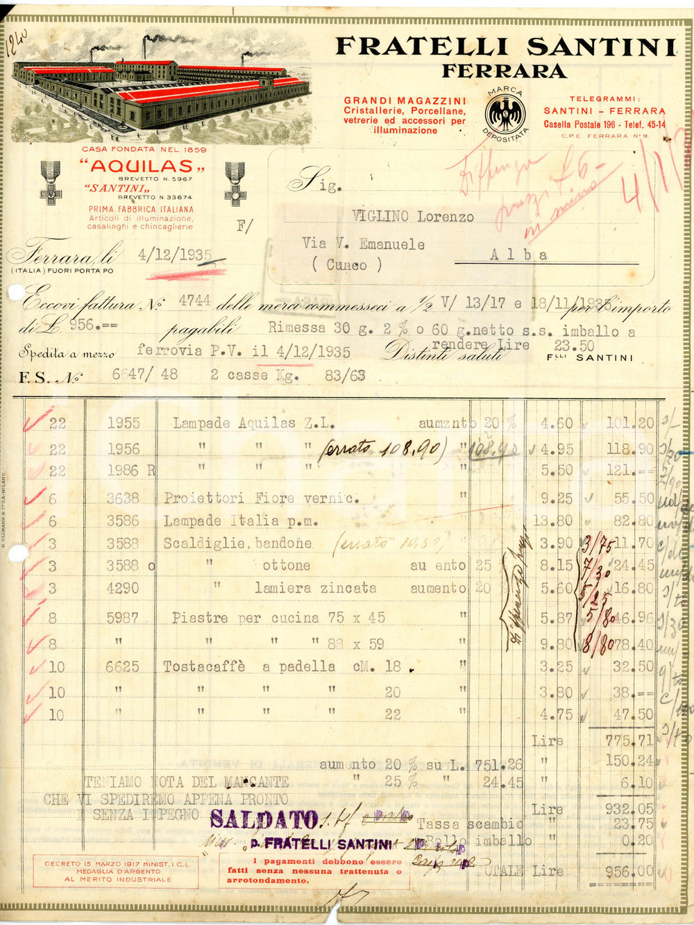 1935 FERRARA - Fratelli SANTINI - Articoli illuminazione, vetreria (2) *Fattura Fattura commerciale d'epoca, dattiloscritta, su carta intestata illustrata.Ferrara - Fuori Porta PoPresenti marche da bollo al verso.CONDIZIONI: P (piegature d'epoca, fori da classificatore al lato sinistro, strappo al lato inferiore e all'angolo destro, piccoli fori all'angolo superiore sinistro)PAGINE: 1    originale e autentica 1