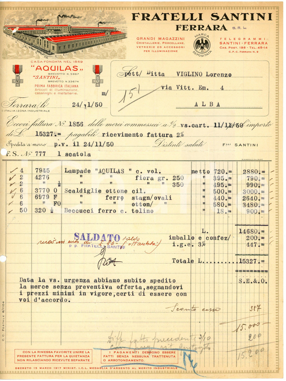 1950 FERRARA - Fratelli SANTINI - Articoli illuminazione, vetreria (3) *Fattura Fattura commerciale d'epoca, dattiloscritta, su carta intestata illustrata.Presenti marche da bollo al verso.CONDIZIONI: P (piegature d'epoca, fori da classificatore al lato sinistro, piccolo strappo al lato inferiore e destro, piccoli fori all'angolo superiore sinistro)PAGINE: 1    originale e autentica 1