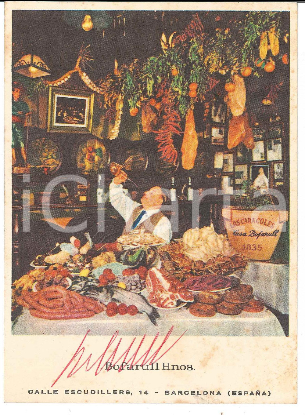1965 ca BARCELONA Restaurante LOS CARACOLES *Postal firmada hermanos BOFARULL Cartolina pubblicitaria d'epoca, con firma autografa di uno dei fratelli Bofarull.Non viaggiata. CONDIZIONI: F (fioriture al lato inferiore)FORMATO: 10x15 cm    originale e autentica 1