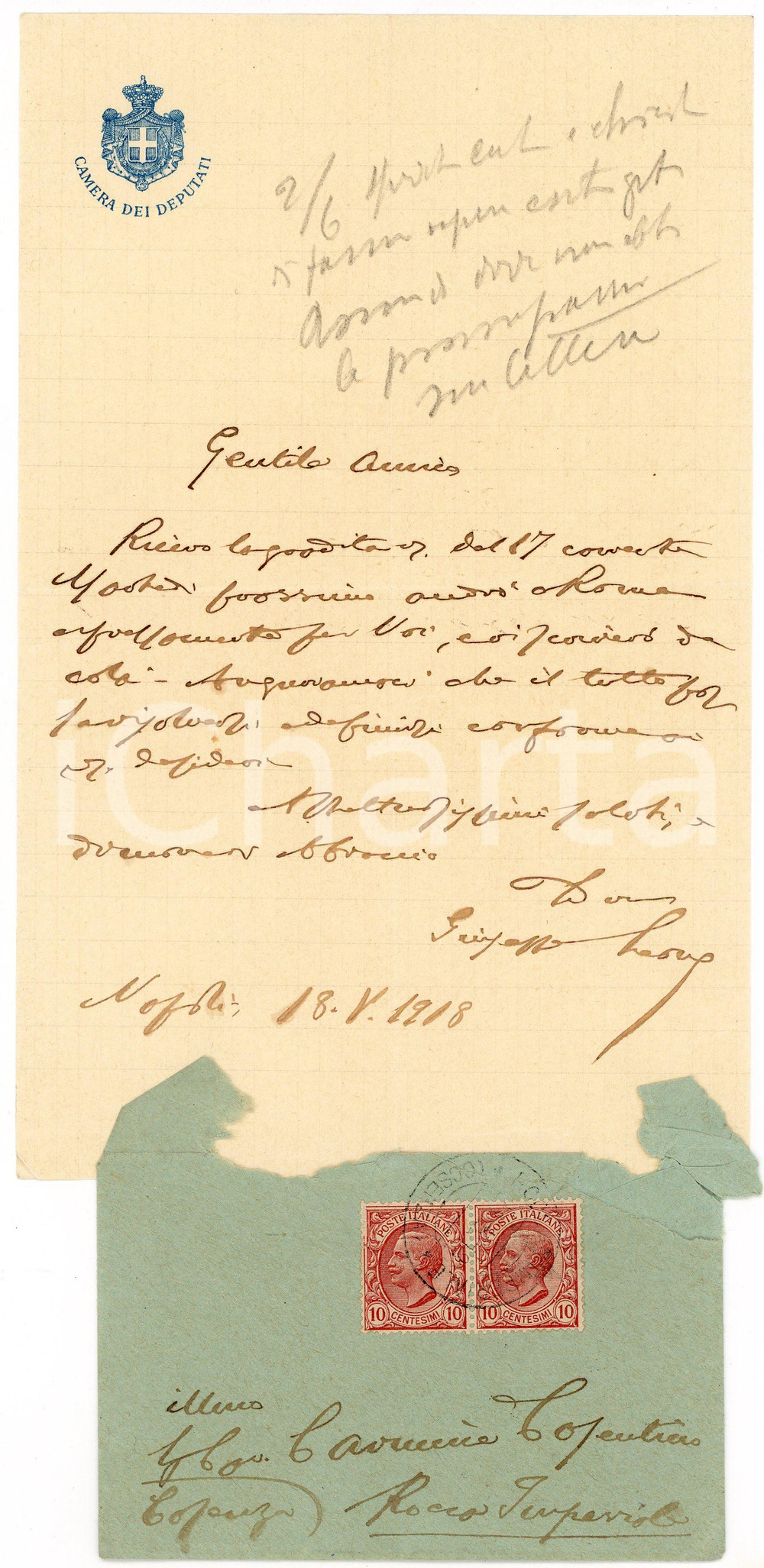 1918 NAPOLI Lettera on. Giuseppe LEONE pro amico *AUTOGRAFO Lettera interamente autografa del politico e avvocato Giuseppe Leone, che promette un viaggio a Roma a favore di un amico.Su carta intestata della Camera dei Deputati.Busta viaggiata.CONDIZIONI: fair (piegatura centrale)PAGINE: 1    originale e autentica 1