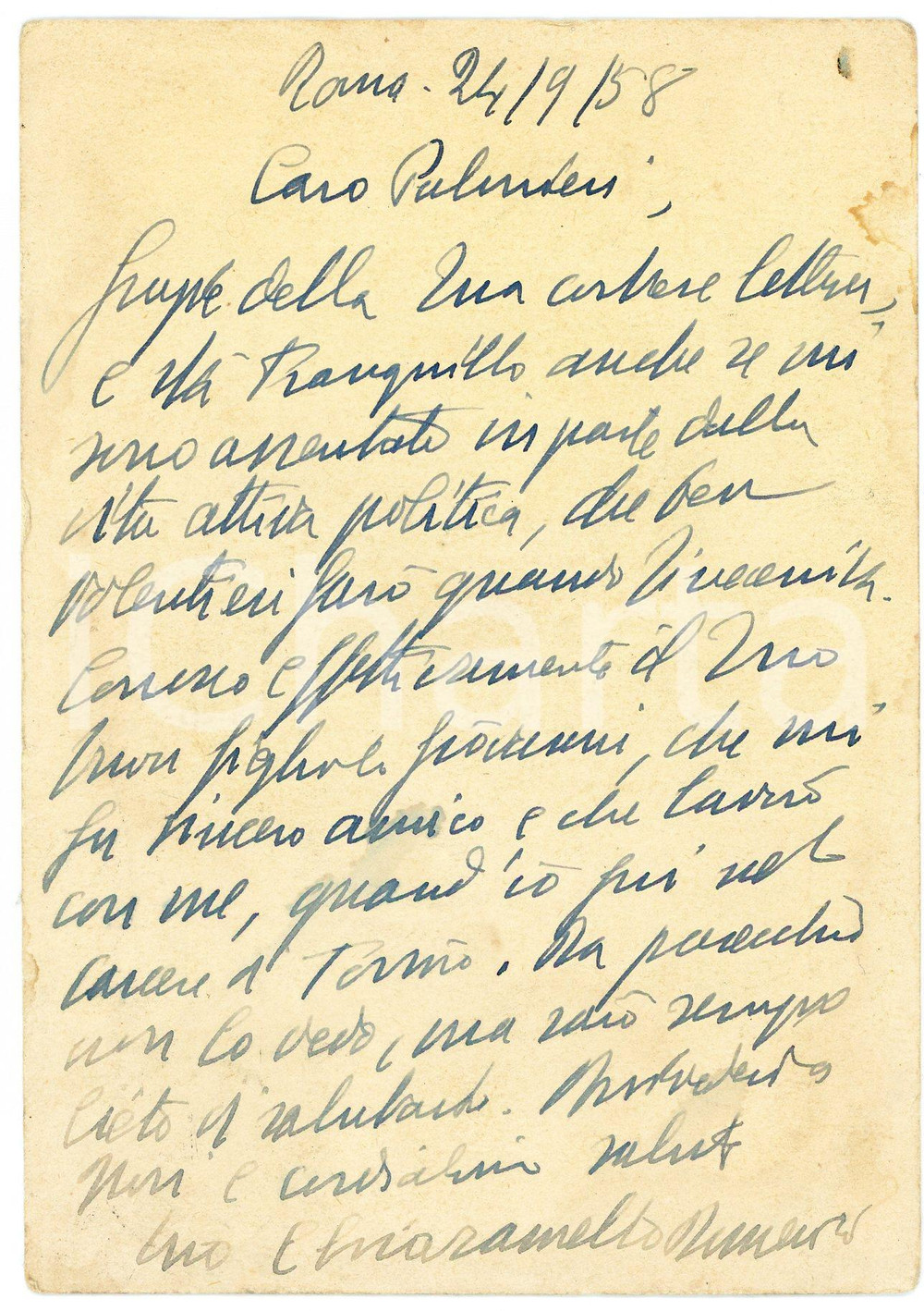 1958 ROMA On. Domenico CHIARAMELLO in favore di un amico - Cartolina AUTOGRAFA Cartolina postale d'epoca, autografa, viaggiata.CONDIZIONI: P (macchie di umidit&agrave;)FORMATO: 15x10 cm    originale e autentica 1