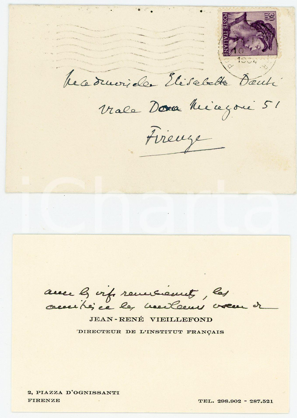 Autografo originale 1964 FIRENZE JeanRenÃ© VIEILLEFOND Directeur Istitut FranÃ§ais Billet AUTOGRAPHE 1