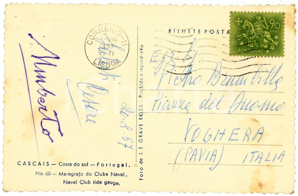 1957 CASCAIS Naval Club - Umberto II di Savoia - AUTOGRAFO su cartolina Cartolina postale con firma autografa dell'ex re d'Italia in esilio.Viaggiata.CONDIZIONI: G (minime macchie al verso)FORMATO: 14x9 cm    originale e autentica 1