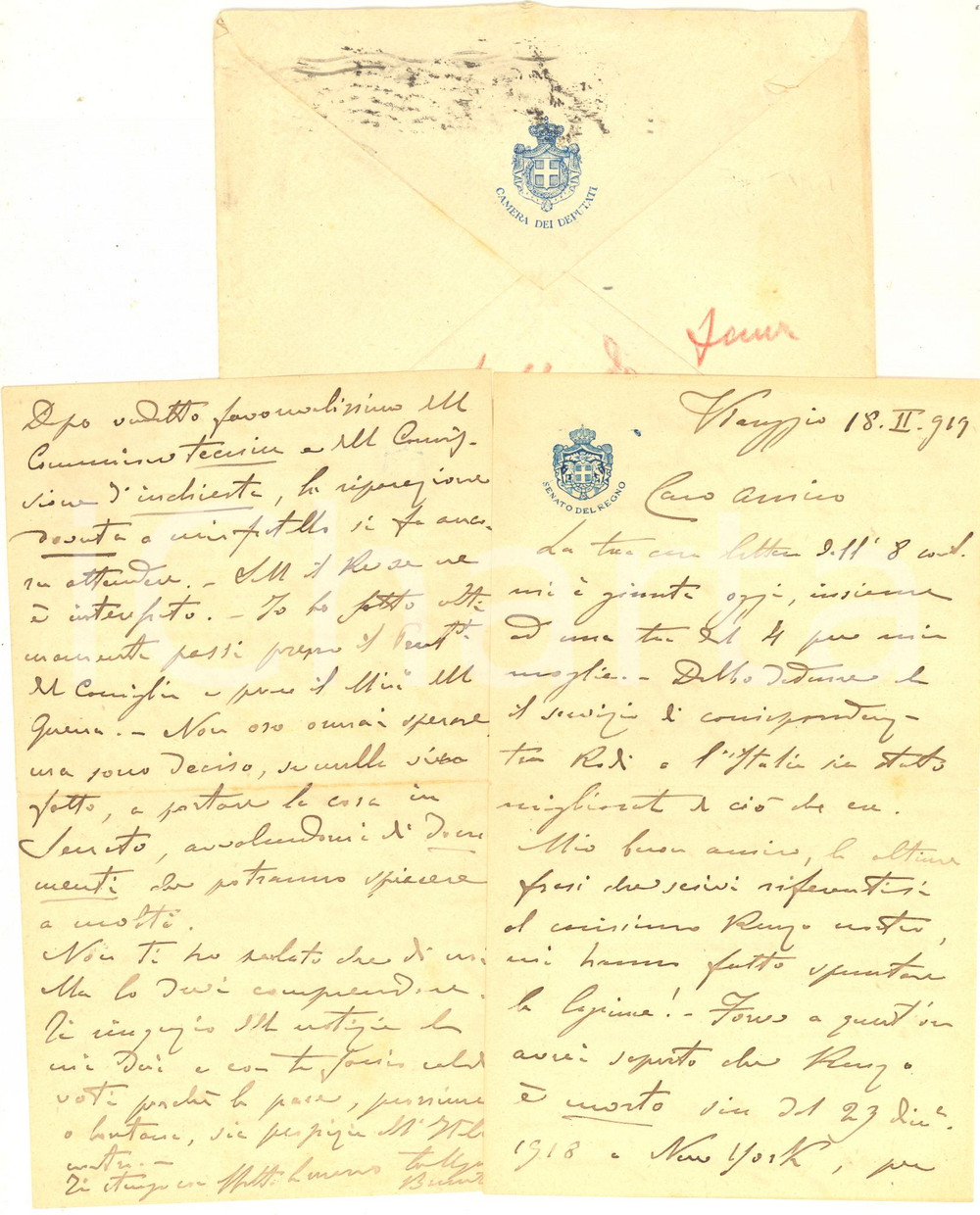 1919 VIAREGGIO Lettera Ugo BRUSATI in morte di un familiare *AUTOGRAFO Lunga lettera, interamente autografa, del generale e senatore Ugo Brusati, che racconta il lutto per un giovane familiare scomparso.Su carta intestata della Camera dei Deputati.Busta viaggiata.CONDIZIONI: fair (piegatura centrale)PAGINE: 4 facciate    originale e autentica 1