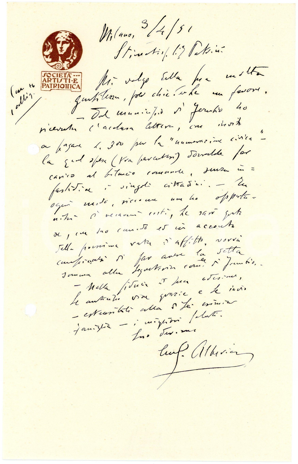 1951 MILANO Lettera Guido ALBERICI - Società Artisti e Patriottica AUTOGRAFO (16) Lettera interamente autografa di Guido Alberici, avvocato, con messaggio di auguri.Su carta intestata "Societ&agrave; Artisti e Patriottica".CONDIZIONI: F (piegatura centrale d'epoca; fori da classificatore al lato sinistro)PAGINE: 1     originale e autentica 1