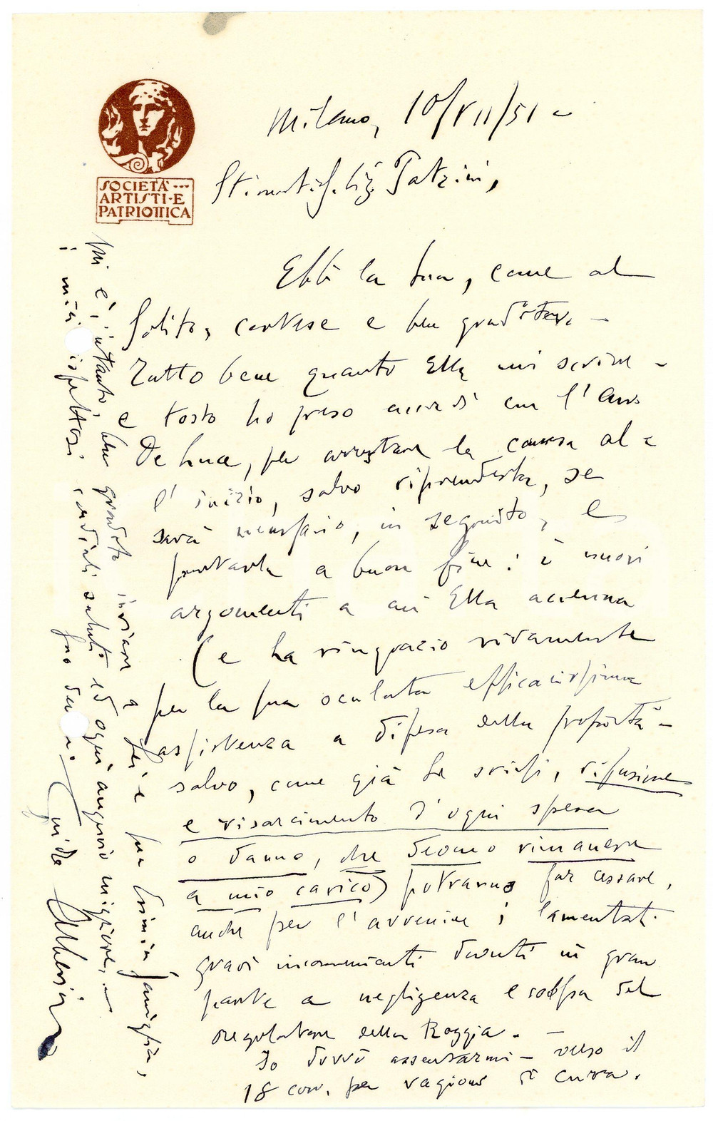 1951 MILANO Lettera Guido ALBERICI - Società Artisti e Patriottica AUTOGRAFO (14) Lettera interamente autografa di Guido Alberici, avvocato, relativa a una questione lavorativa.Su carta intestata "Societ&agrave; Artisti e Patriottica".CONDIZIONI: F (piegatura centrale d'epoca; fori da classificatore al lato sinistro)PAGINE: 1     originale e autentica 1