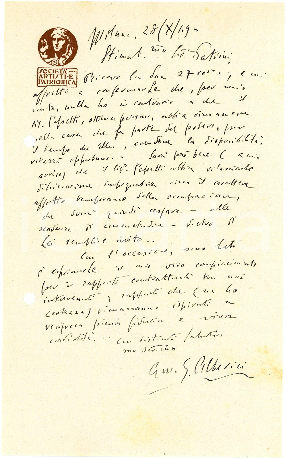 1949 MILANO Lettera Guido ALBERICI - Società Artisti e Patriottica AUTOGRAFO (13) Lettera interamente autografa di Guido Alberici, avvocato, relativa a una questione lavorativa.Su carta intestata "Societ&agrave; Artisti e Patriottica".CONDIZIONI: F (piegatura centrale d'epoca; fori da classificatore al lato sinistro)PAGINE: 1     originale e autentica 1