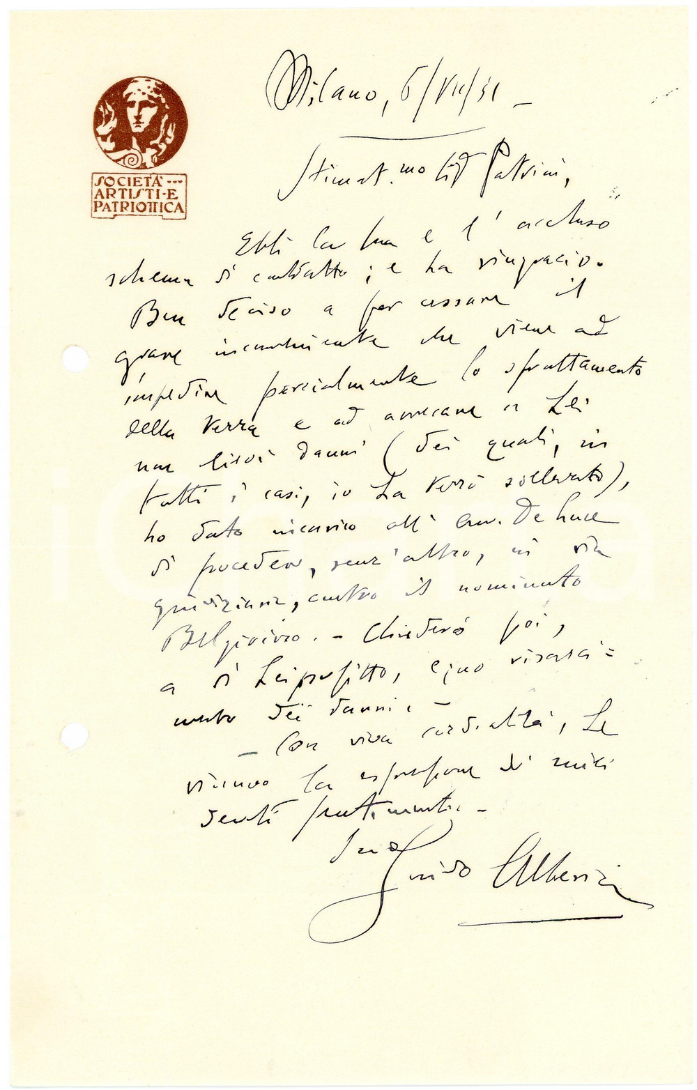 1951 MILANO Lettera Guido ALBERICI - Società Artisti e Patriottica AUTOGRAFO (12) Lettera interamente autografa di Guido Alberici, avvocato, relativa a una questione lavorativa.Su carta intestata "Societ&agrave; Artisti e Patriottica".CONDIZIONI: F (piegatura centrale d'epoca; fori da classificatore al lato sinistro)PAGINE: 1     originale e autentica 1