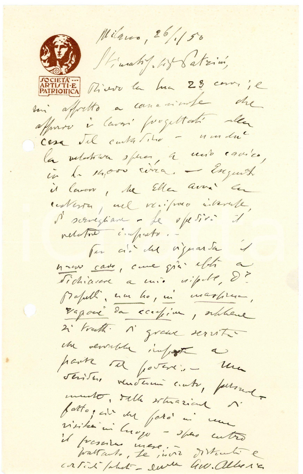 1950 MILANO Lettera Guido ALBERICI - Società Artisti e Patriottica AUTOGRAFO (11) Lettera interamente autografa di Guido Alberici, avvocato, relativa a una questione lavorativa.Su carta intestata "Societ&agrave; Artisti e Patriottica".CONDIZIONI: F (piegatura centrale d'epoca; fori da classificatore al lato sinistro)PAGINE: 1     originale e autentica 1