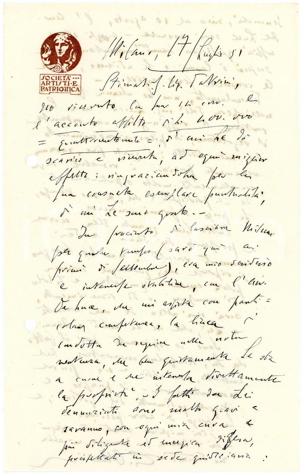 1951 MILANO Lettera Guido ALBERICI - Società Artisti e Patriottica AUTOGRAFO (10) Lettera interamente autografa di Guido Alberici, avvocato, relativa a una questione lavorativa.Su carta intestata "Societ&agrave; Artisti e Patriottica".CONDIZIONI: F (piegatura centrale d'epoca; fori da classificatore al lato sinistro)PAGINE: 1  (2 facciate)    originale e autentica 1