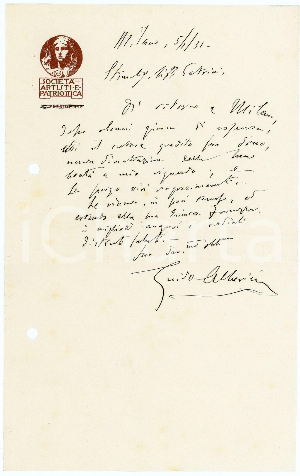1951 MILANO Lettera Guido ALBERICI - Società Artisti e Patriottica AUTOGRAFO (9) Lettera interamente autografa di Guido Alberici, avvocato, relativa a una questione lavorativa.Su carta intestata "Societ&agrave; Artisti e Patriottica".CONDIZIONI: F (piegatura centrale d'epoca; fori da classificatore al lato sinistro)PAGINE: 1     originale e autentica 1