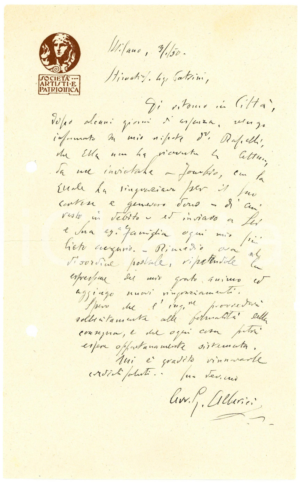 1950 MILANO Lettera Guido ALBERICI - Società Artisti e Patriottica AUTOGRAFO (8) Lettera interamente autografa di Guido Alberici, avvocato, relativa a una questione lavorativa.Su carta intestata "Societ&agrave; Artisti e Patriottica".CONDIZIONI: P (piegature; fori da classificatore al lato sinistro; strappo di circa 3 cm al lato sinistro)PAGINE: 1     originale e autentica 1