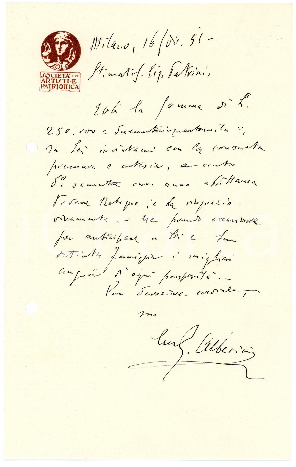 1951 MILANO Lettera Guido ALBERICI - Società Artisti e Patriottica AUTOGRAFO (7) Lettera interamente autografa di Guido Alberici, avvocato, relativa a una questione lavorativa.Su carta intestata "Societ&agrave; Artisti e Patriottica".CONDIZIONI: fair (piegatura centrale; fori da classificatore al lato sinistro)PAGINE: 1     originale e autentica 1