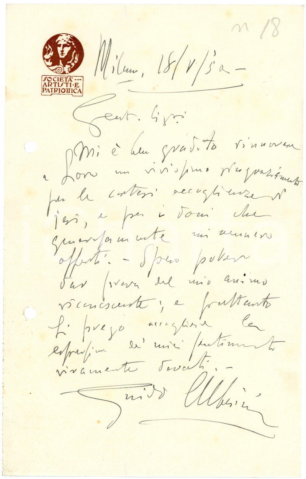 1951 MILANO Lettera Guido ALBERICI - Società Artisti e Patriottica - AUTOGRAFO 4 Lettera interamente autografa di Guido Alberici, avvocato, relativa a una questione lavorativa di ambito legale.Su carta intestata "Societ&agrave; Artisti e Patriottica".CONDIZIONI: fair (piegatura centrale; fori da classificatore al lato sinistro)PAGINE: 1     originale e autentica 1