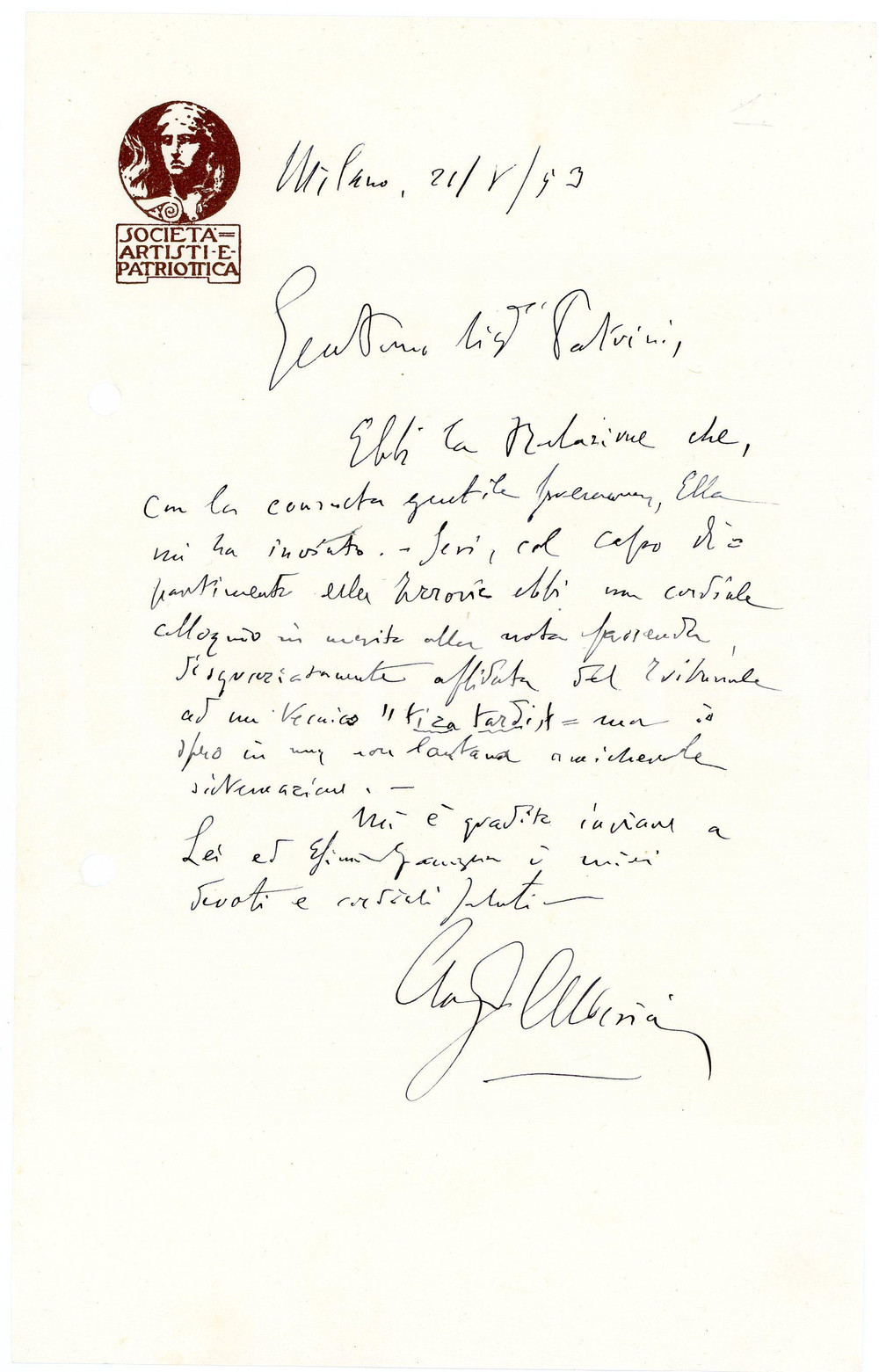 1953 MILANO Lettera Guido ALBERICI - Società Artisti e Patriottica AUTOGRAFO (3) Lettera interamente autografa di Guido Alberici, avvocato, relativa a una questione lavorativa di ambito legale.Su carta intestata "Societ&agrave; Artisti e Patriottica".CONDIZIONI: fair (piegatura centrale; fori da classificatore al lato sinistro)PAGINE: 1     originale e autentica 1