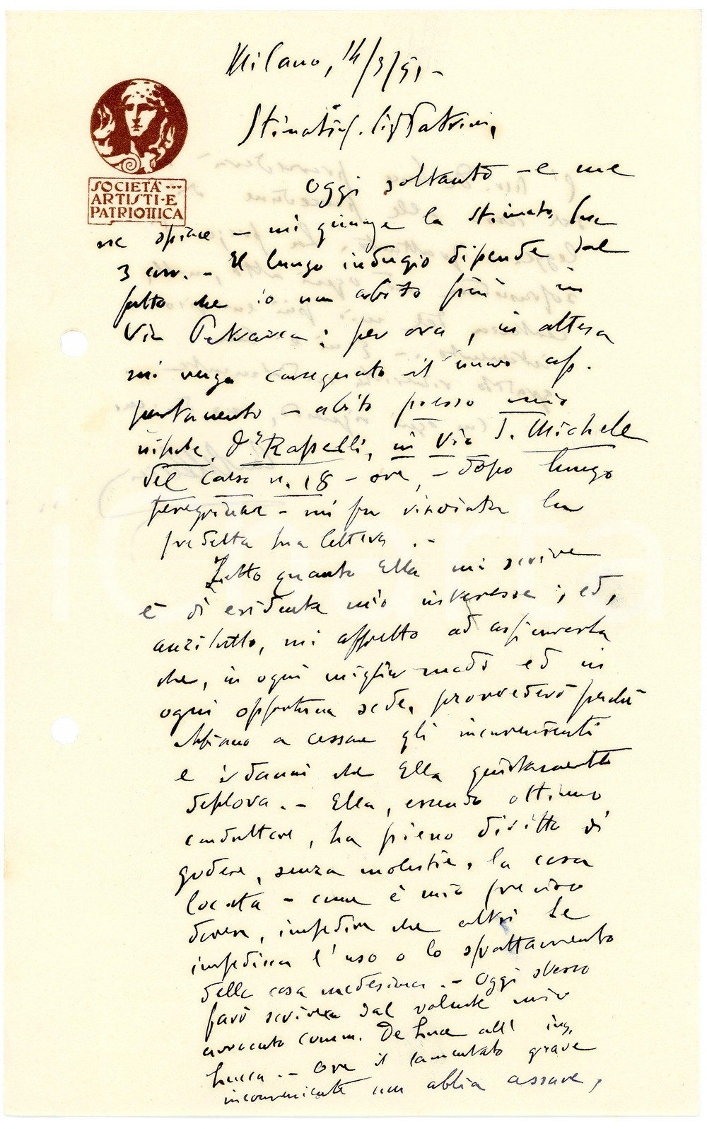 1951 MILANO Lettera Guido ALBERICI - Società Artisti e Patriottica AUTOGRAFO (1) Lettera interamente autografa di Guido Alberici, avvocato, relativa a una questione lavorativa di ambito legale.Su carta intestata "Societ&agrave; Artisti e Patriottica".CONDIZIONI: fair (piegatura centrale; fori da classificatore al lato sinistro)PAGINE: 1  (2 facciate)  originale e autentica 1