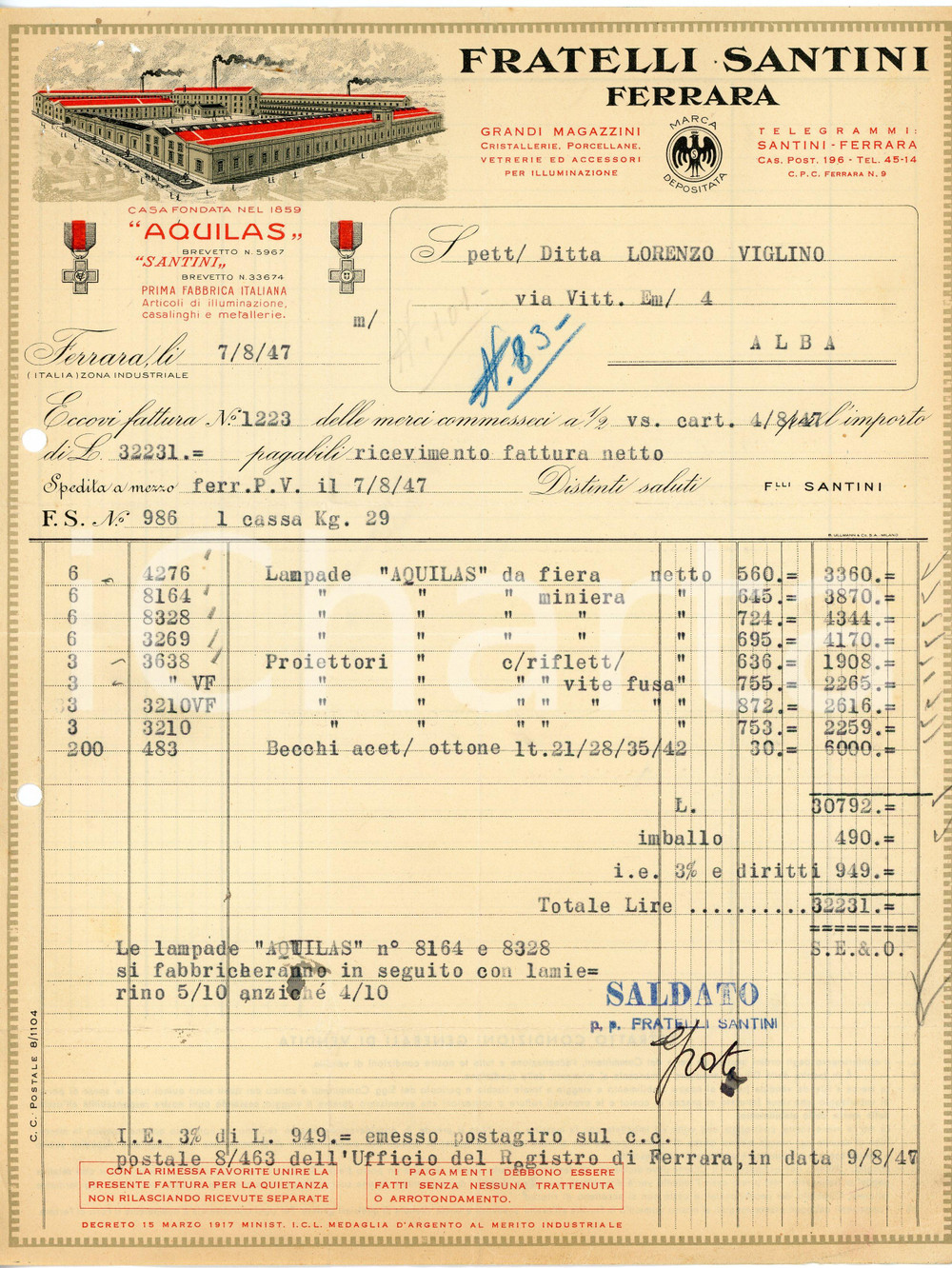 1947 FERRARA - Fratelli SANTINI - Articoli illuminazione, vetreria (9) *Fattura Fattura commerciale d'epoca, dattiloscritta, su carta intestata illustrata.Presenti marche da bollo al verso.  FAIR/discreto piegature d'epoca, fori da classificatore al lato sinistro Formato: 22x28 cm originale e autentica 1