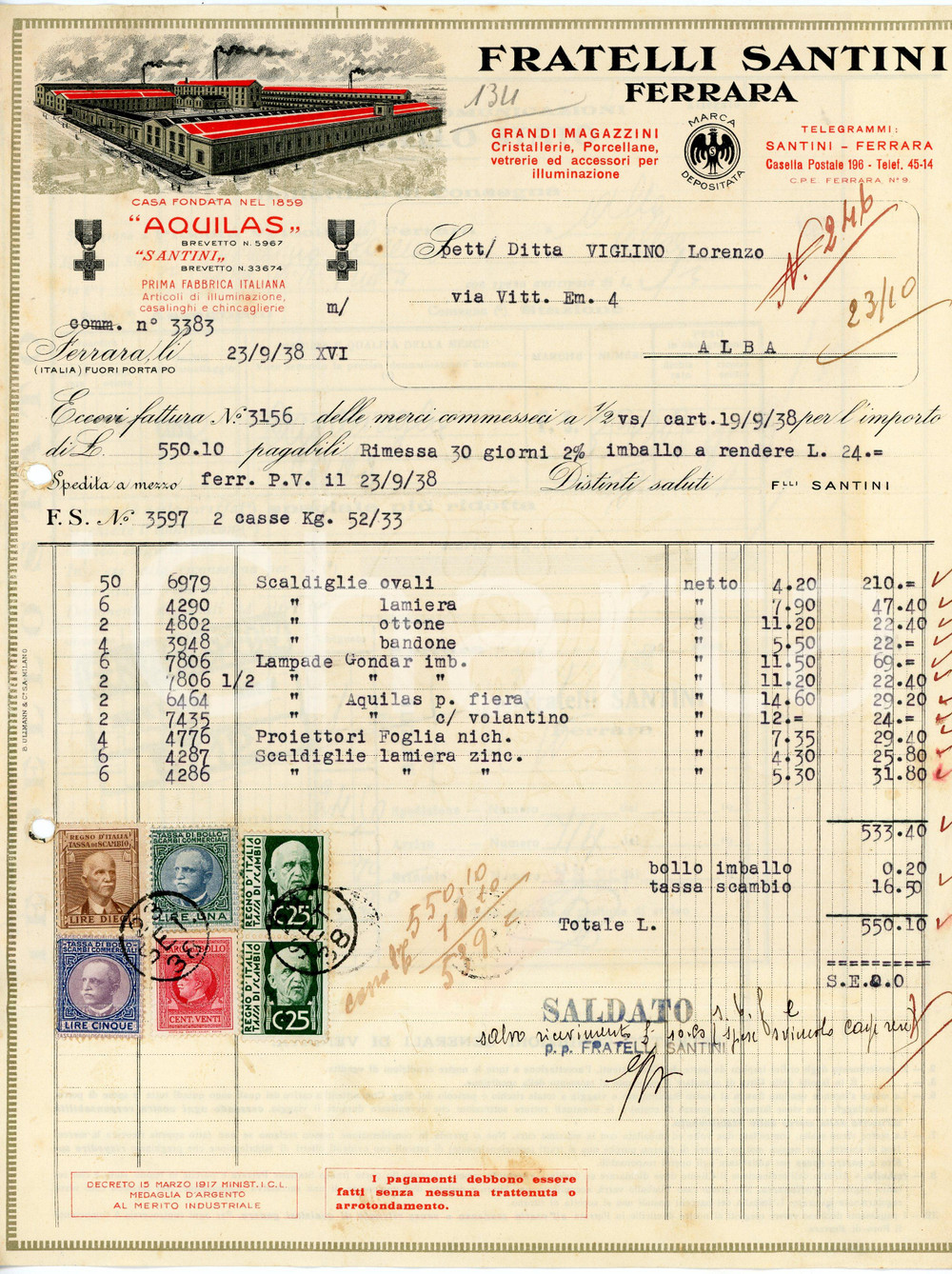 1938 FERRARA - Fratelli SANTINI - Articoli illuminazione, vetreria (7) *Fattura Fattura commerciale d'epoca, dattiloscritta, su carta intestata illustrata.In allegato bollettino di consegna Ferrovie dello Stato.Presenti marche da bollo al verso.  FAIR/discreto piegature d'epoca, fori da classificatore al lato sinistro Formato: 22x28 cm originale e autentica 1