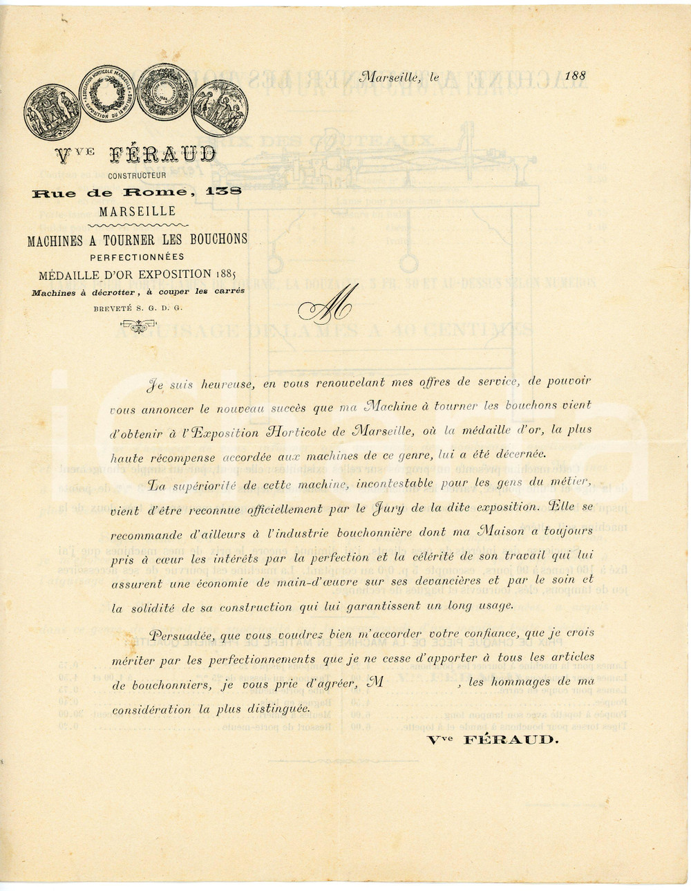 1885 MARSEILLE Veuve FERAUD - Machine à tourner les bouchons - Lettre entête Lettera pubblicitaria d'epoca, a stampa, su carta intestata.CONDIZIONI: F (piegature d'epoca).PAGINE: 4 (1 bianca)    originale e autentica 1