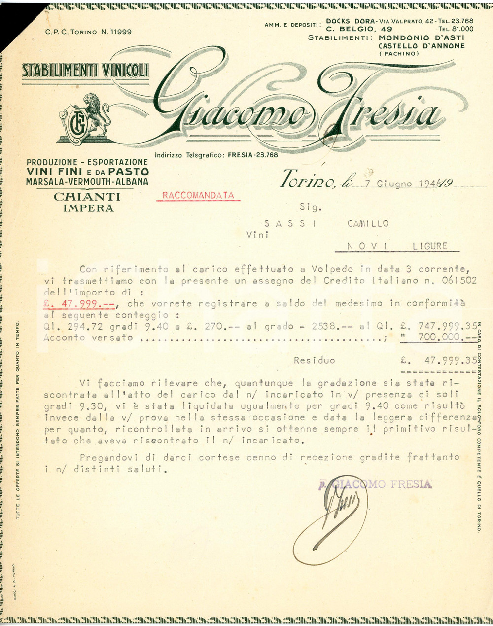 1946 TORINO Giacomo FRESIA Stabilimento vinicolo - Lettera commerciale Lettera commerciale d'epoca, dattiloscritta, su carta intestata.Torino - via Valprato, 42 FAIR/discreto Piegature d'epoca. Formato: 22x27 cm originale e autentica 1